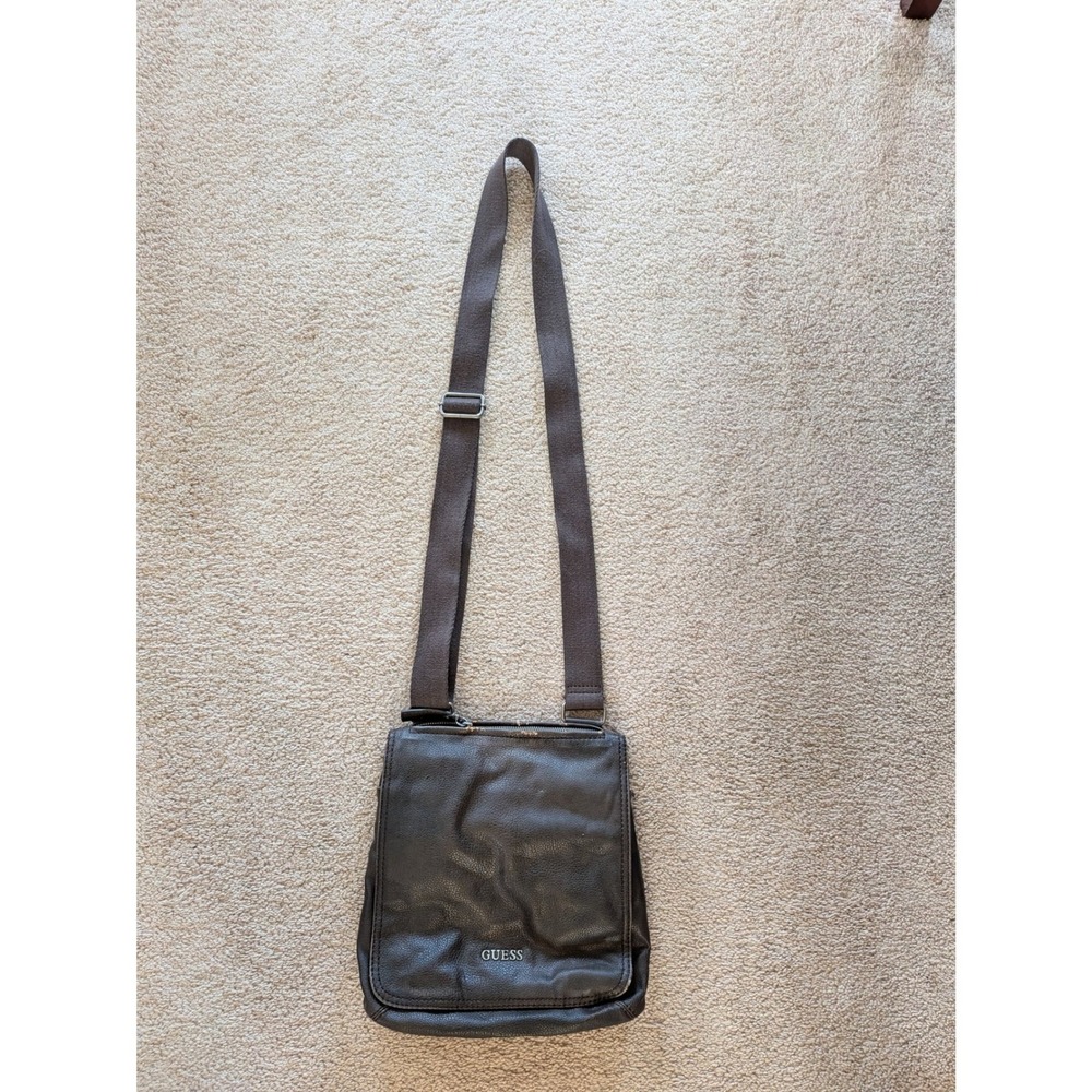 Guess Crossbody Bag‎ Brown Faux Leather Messenger Flap Shoulder Bag Silver Logo